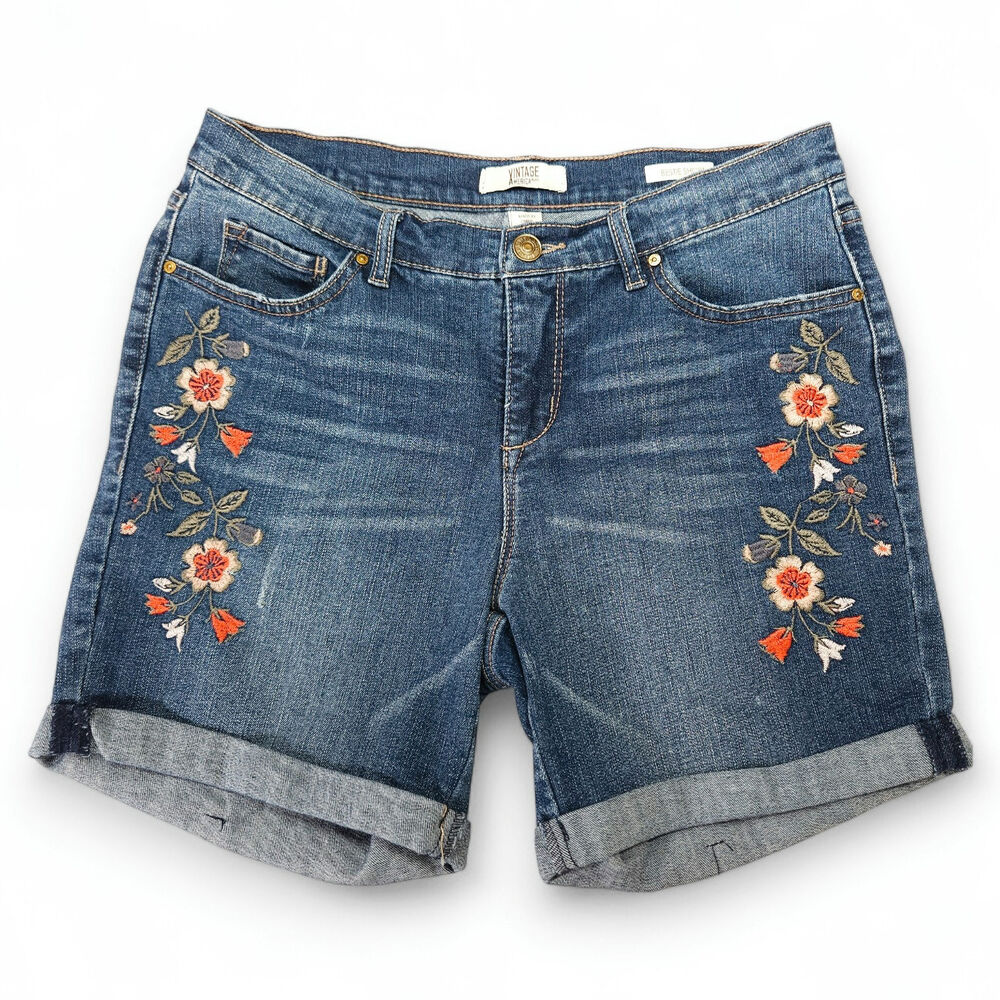 Denim Embroidered Roll-Cuff Shorts - Orange Floral